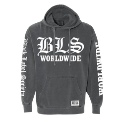 Dark gray BLS Worldwide Heavyweight Hoodie with white text and graphics on sleeves