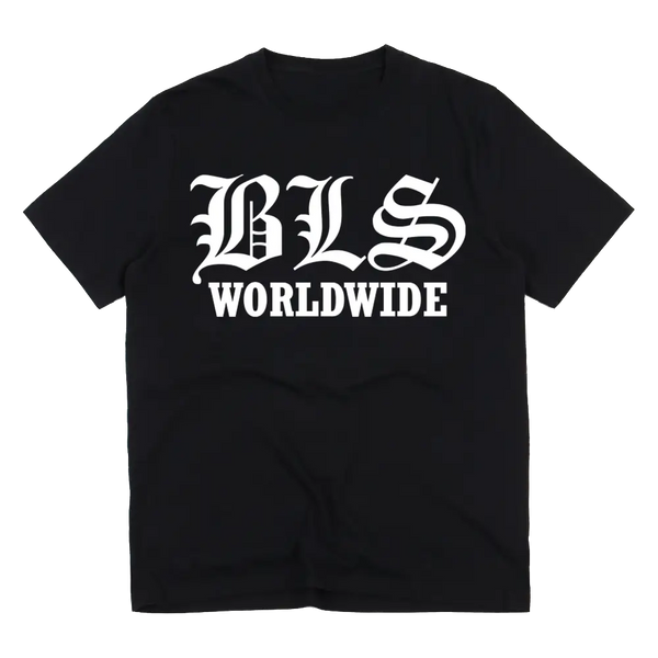 Black T-shirt with white BLS Worldwide text, perfect for Black Label Society fans