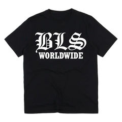 Black T-shirt with white BLS Worldwide text, perfect for Black Label Society fans