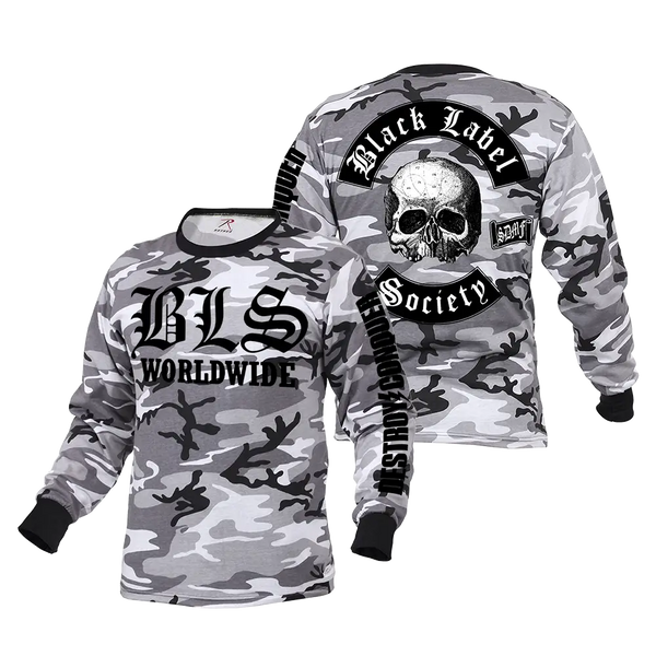 Camouflage long sleeve tee featuring skull and text designs for winter camo style