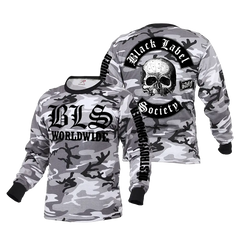 Camouflage long sleeve tee featuring skull and text designs for winter camo style