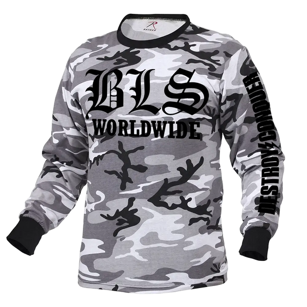 Camouflage long sleeve tee featuring BLS Worldwide for winter camo style