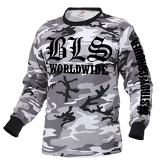 Camouflage long sleeve tee featuring BLS Worldwide for winter camo style