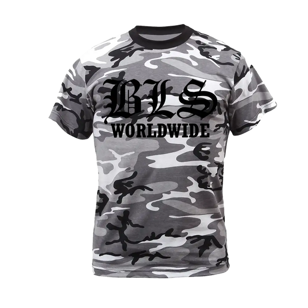 Camouflage-patterned BLS Worldwide Winter Camo Tee with bold text on the front