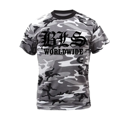 Camouflage-patterned BLS Worldwide Winter Camo Tee with bold text on the front