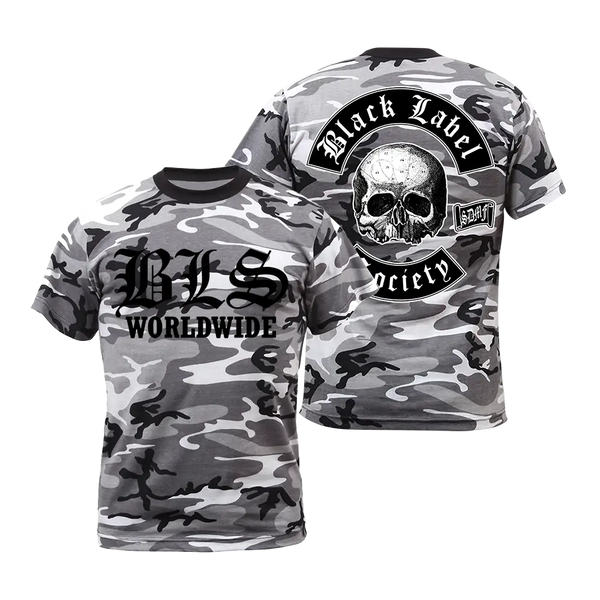 Camouflage-patterned BLS Worldwide Winter Camo Tee featuring skull logo and designs