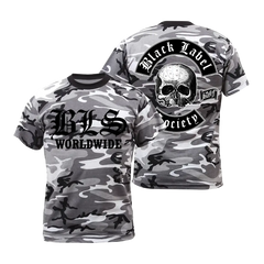 Camouflage-patterned BLS Worldwide Winter Camo Tee featuring skull logo and designs