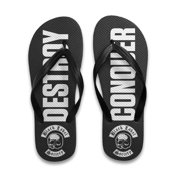 Black flip flops with DESTINY CONQUER text and skull logo from Destroy & Conquer