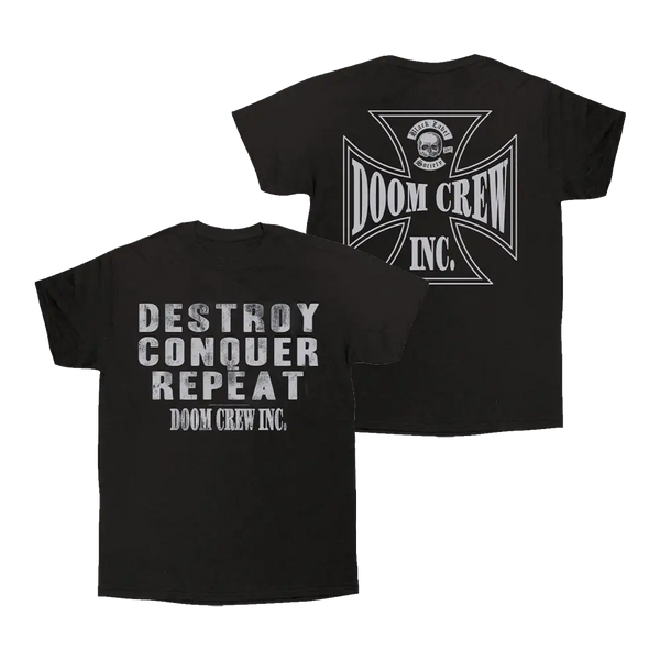 Black DESTROY CONQUER REPEAT TEE featuring bold graphic designs on front and back