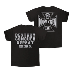 Black DESTROY CONQUER REPEAT TEE featuring bold graphic designs on front and back