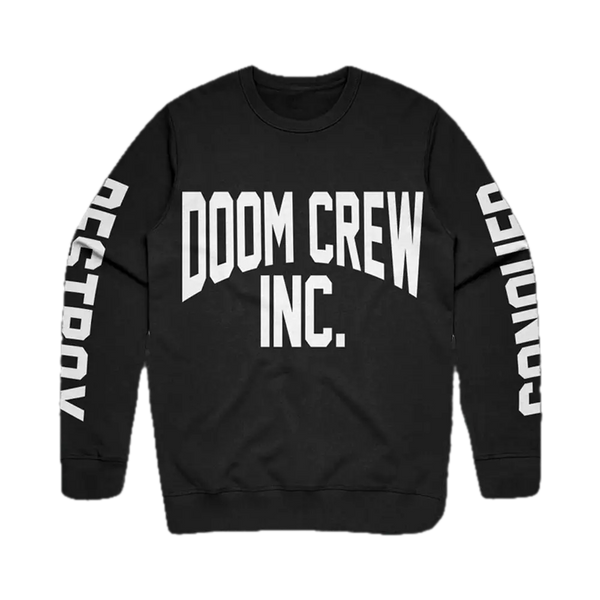 Black Athletic Crewneck featuring DOOM CREW INC. printed in white on front and sleeves