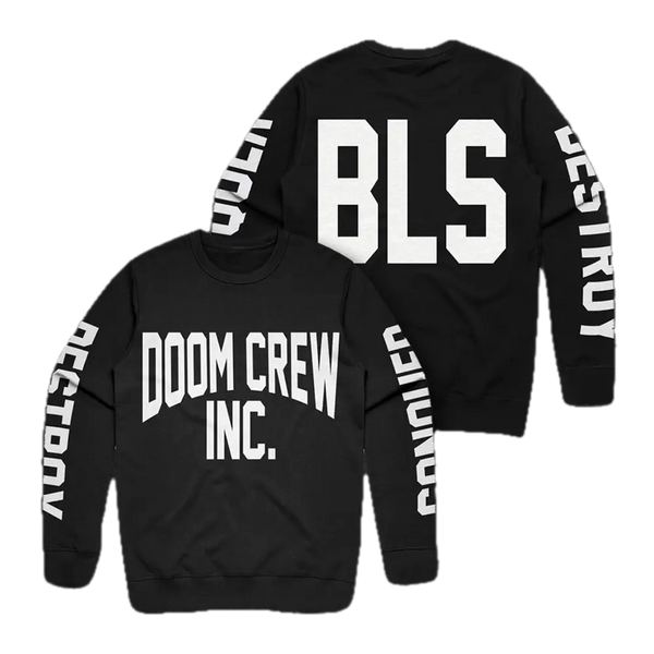 Doom Crew Black Athletic Crewneck features back BLS text and front DOOM CREW INC. design