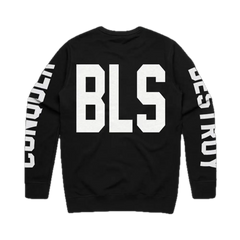 Black Athletic Crewneck featuring BLS print and Doom Crew Black design on sleeves