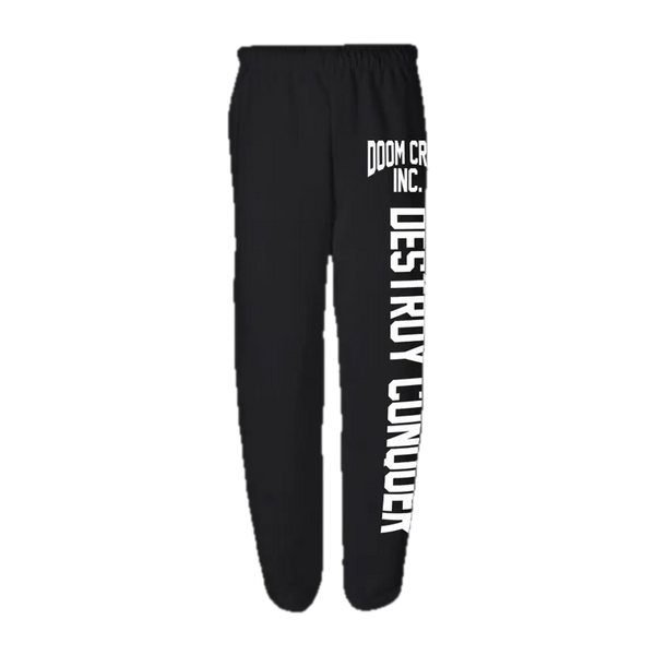 Doom Crew Black Athletic Joggers featuring white text on the leg for stylish comfort