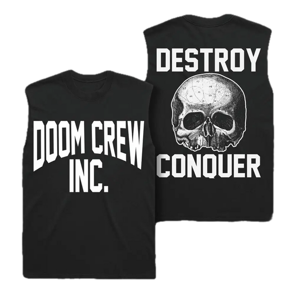 Two Doom Crew Black Athletic Muscle Tees with white text and skull graphic