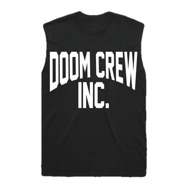 Black sleeveless shirt featuring DOOM CREW INC. on the back, perfect for athletic wear