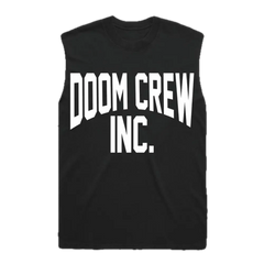 Black sleeveless shirt featuring DOOM CREW INC. on the back, perfect for athletic wear