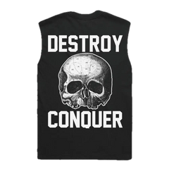 Black sleeveless Doom Crew Black Athletic Muscle Tee with skull graphic and DESTROY CONQUER text