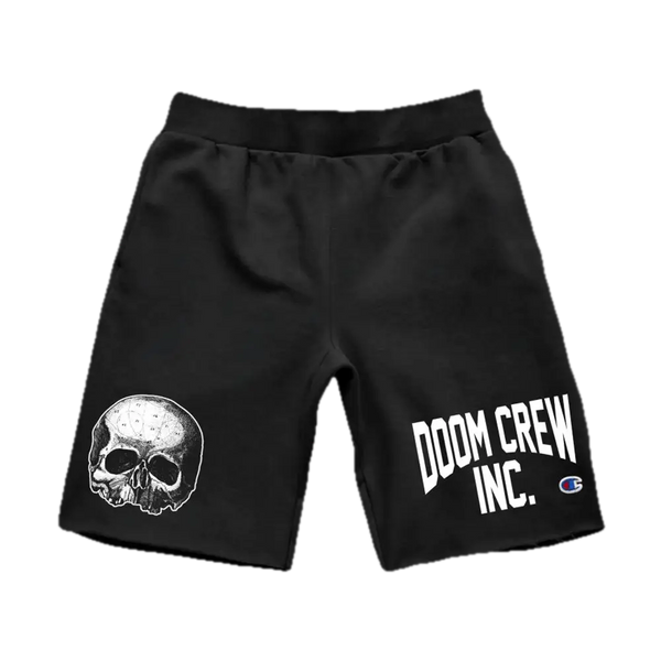 Black athletic shorts featuring a skull graphic and Doom Crew Inc. design