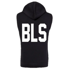 Black sleeveless hoodie with BLS logo, part of the Doom Crew Black Athletic line