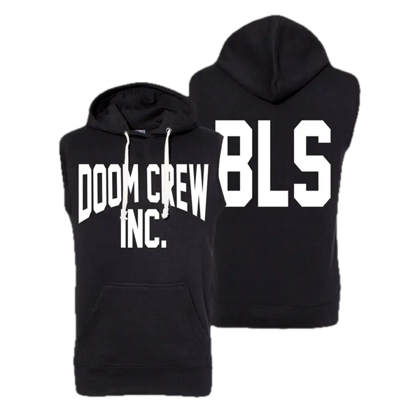 Black sleeveless hoodie featuring DOOM CREW INC. logo, perfect for crew black athletic style