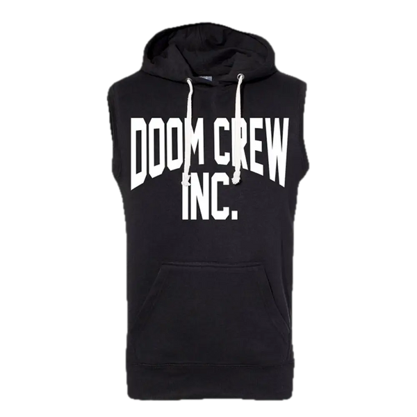 Black Athletic Sleeveless Hoodie with DOOM CREW INC. print for stylish activewear