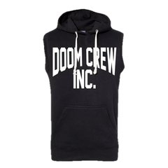 Black Athletic Sleeveless Hoodie with DOOM CREW INC. print for stylish activewear