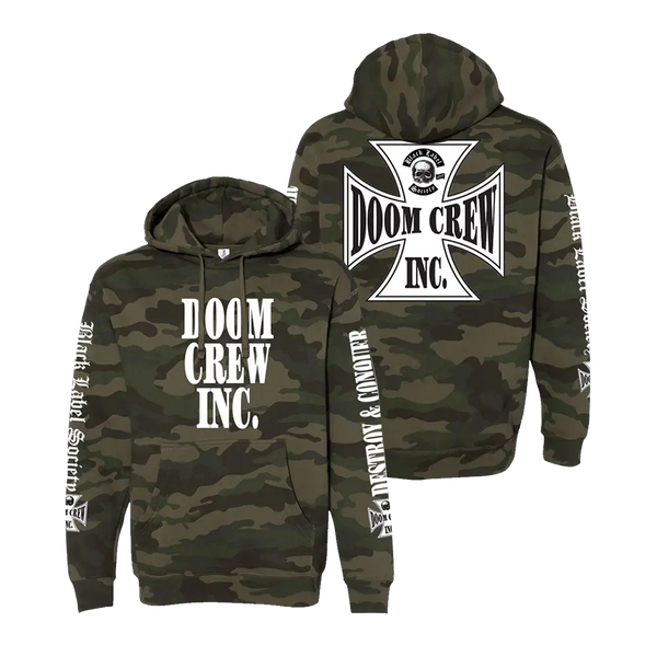 Camouflage-patterned Doom Crew Forest Pullover Hoodie with branding on front and back