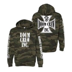 Camouflage-patterned Doom Crew Forest Pullover Hoodie with branding on front and back