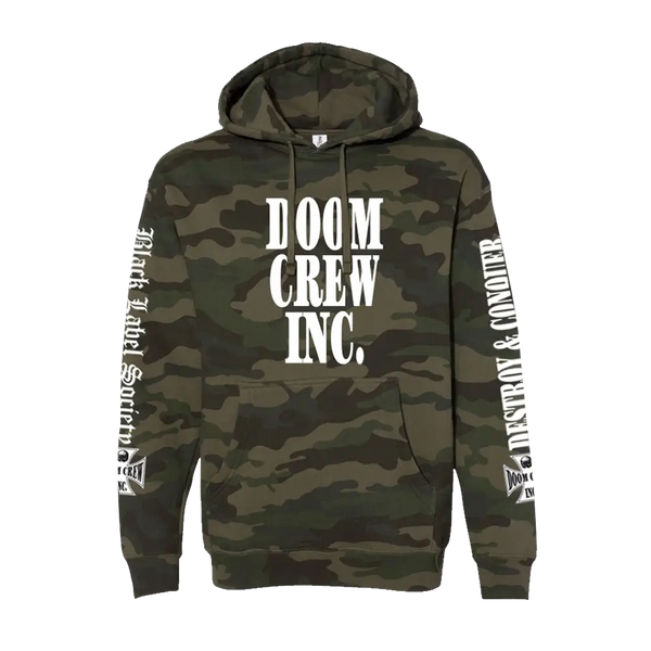 Camouflage DOOM CREW FOREST Pullover Hoodie with sleeve text and logo design