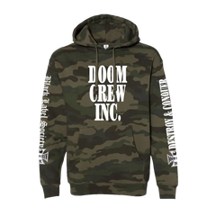 Camouflage DOOM CREW FOREST Pullover Hoodie with sleeve text and logo design