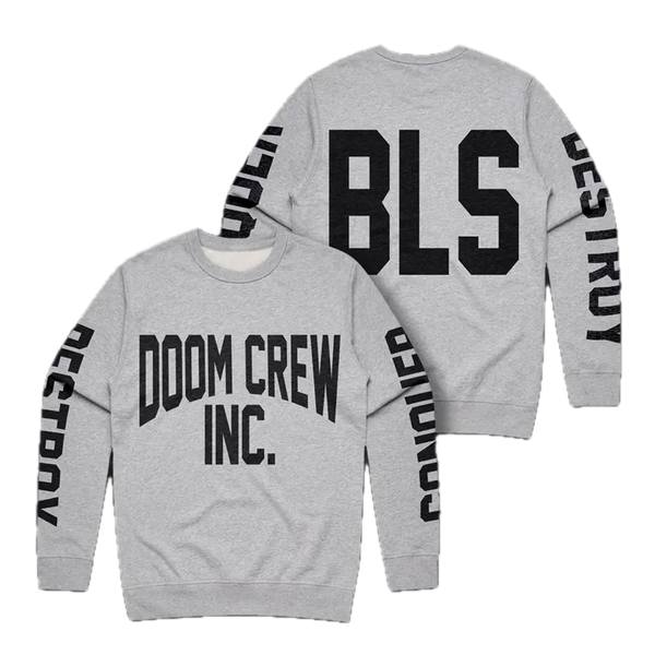 Doom Crew Grey Athletic Crewneck featuring black text on front and back