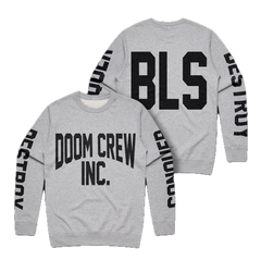 Doom Crew Grey Athletic Crewneck featuring black text on front and back