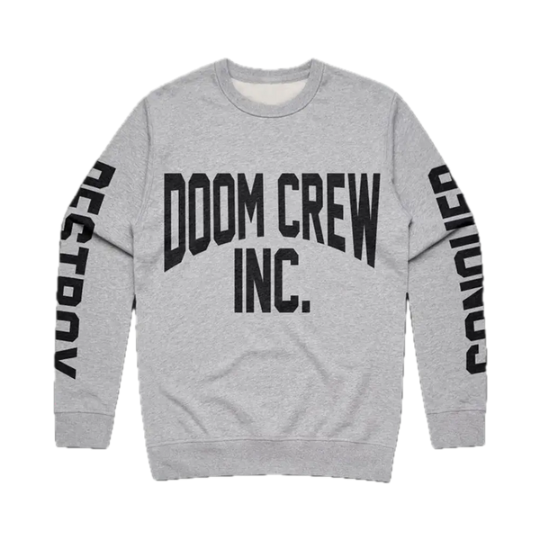 Gray Athletic Crewneck featuring DOOM CREW INC. in bold black letters for style