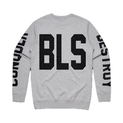 Gray Athletic Crewneck featuring large BLS print on back and sleeves for Doom Crew Grey