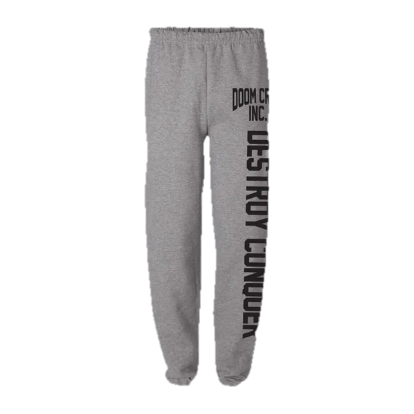 Doom Crew Grey Athletic Joggers featuring black text printed vertically along the leg