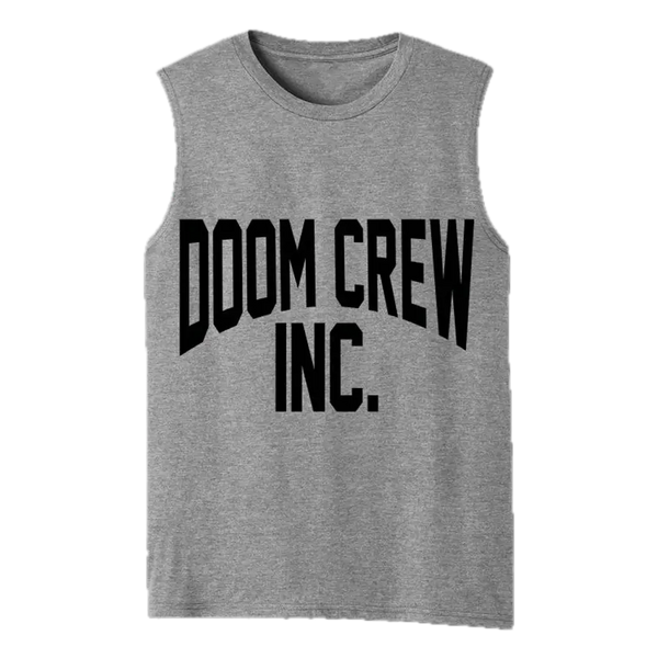 Gray sleeveless t-shirt with DOOM CREW INC. print, perfect for doom crew grey athletic wear