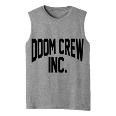 Gray sleeveless t-shirt with DOOM CREW INC. print, perfect for doom crew grey athletic wear