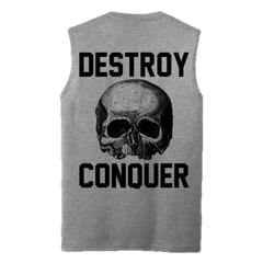 Doom Crew Grey Athletic Muscle Tee featuring DESTROY CONQUER text and skull graphic