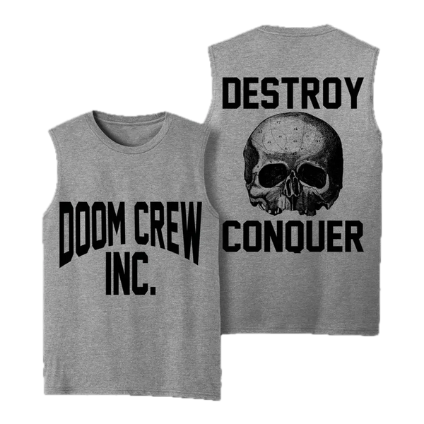 Doom Crew Grey Athletic Muscle Tee featuring sleeveless design and skull graphic