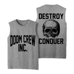 Doom Crew Grey Athletic Muscle Tee featuring sleeveless design and skull graphic