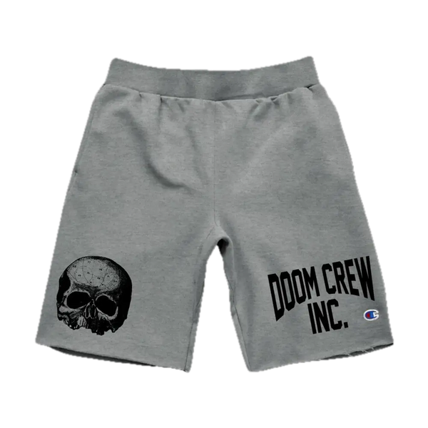 Gray athletic shorts with skull graphic and Doom Crew Inc. text for active lifestyle