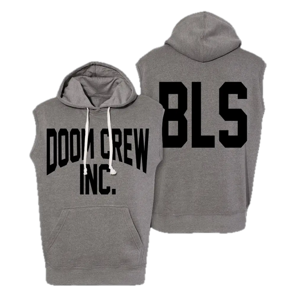 Gray Hooded Sweatshirts with Black Text for Doom Crew Grey Athletic Sleeveless Hoodie