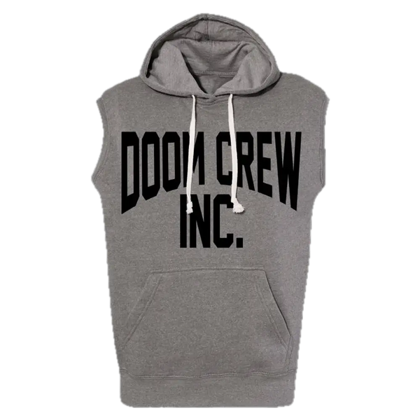 Gray sleeveless hoodie featuring DOOM CREW INC. in black, perfect for athletic wear