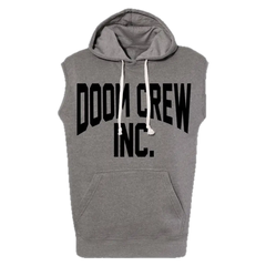 Gray sleeveless hoodie featuring DOOM CREW INC. in black, perfect for athletic wear