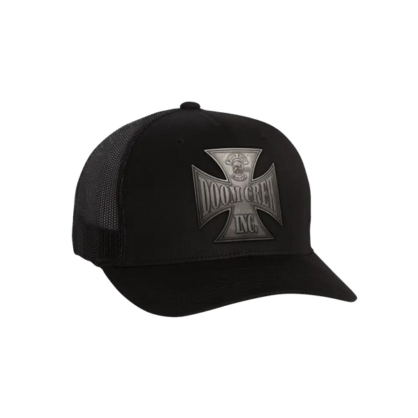 Black trucker hat with metallic cross logo from Doom Crew Inc. Album collection