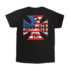 Black BOOT CAMP INC Chapter Tee with American flag design for Doom Crew American Chapter