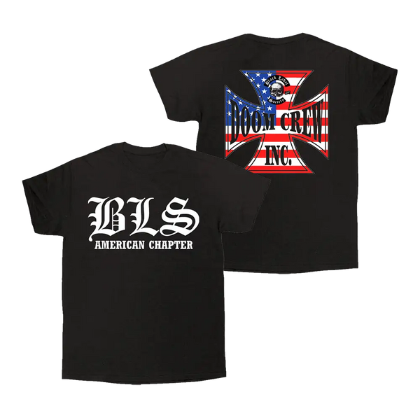 Black DOOM CREW INC American Chapter Tee featuring American flag graphic and text designs