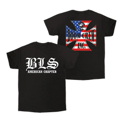 Black DOOM CREW INC American Chapter Tee featuring American flag graphic and text designs