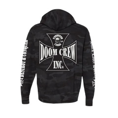 Black Camo Zip Hoodie featuring Doom Crew Inc. logo and text on back